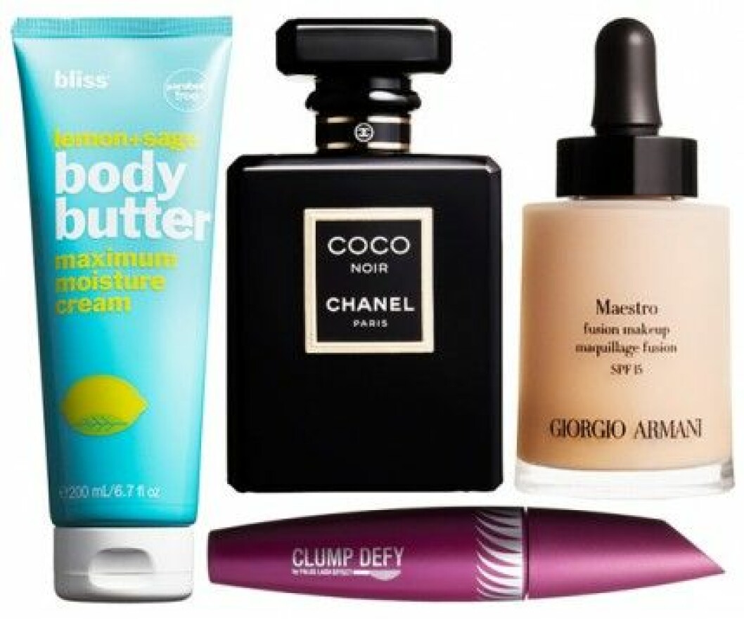 Bliss body butter, Chanel parfym, Giorgio Armani foundation, Max Factor mascara.