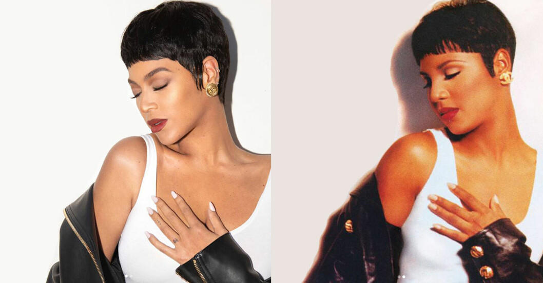 Beyoncé som Toni Braxton bredvid originalbilden av Toni Braxton.