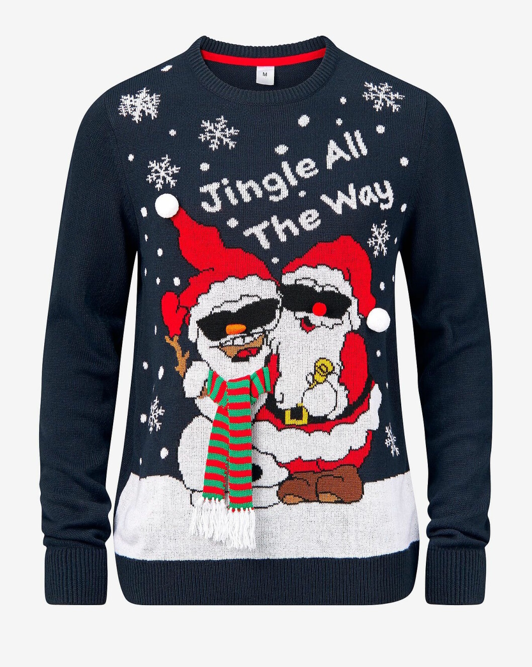 blå jultröja med tomte och snögubbe till julen 2019
