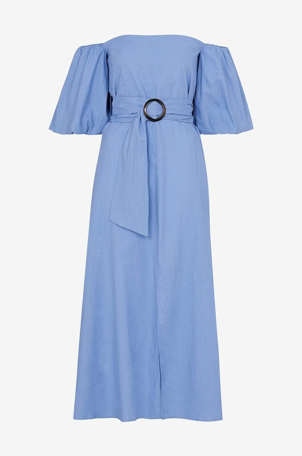Blå linneklänning i off shoulder-modell för dam till 2019