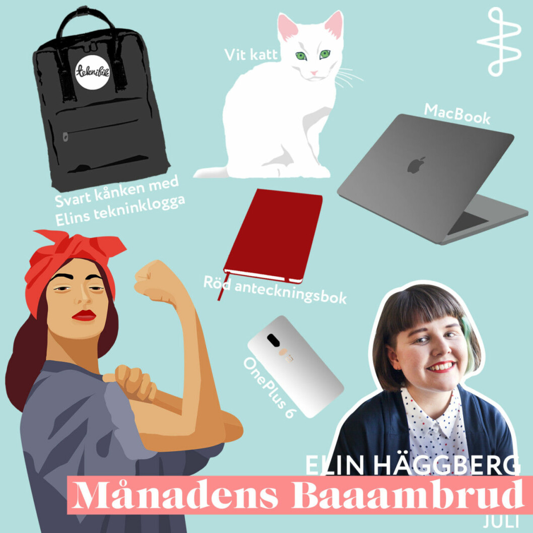 Vi bad Elin sätta ihop ett starter pack, en samling föremål som är typiska för just henne och hennes vardag. Resultatet blev en laptop, mobil, svart ryggsäck, röd anteckningsbok och en vit katt. elin häggberg starter pack
