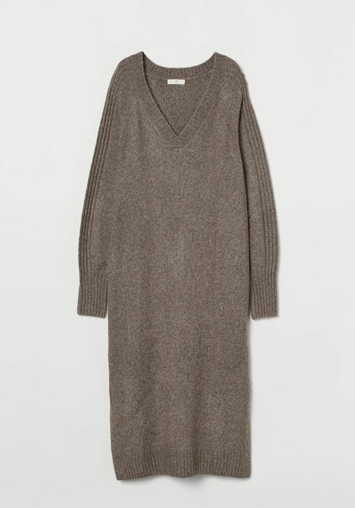 brun-stickad-klanning-h&m