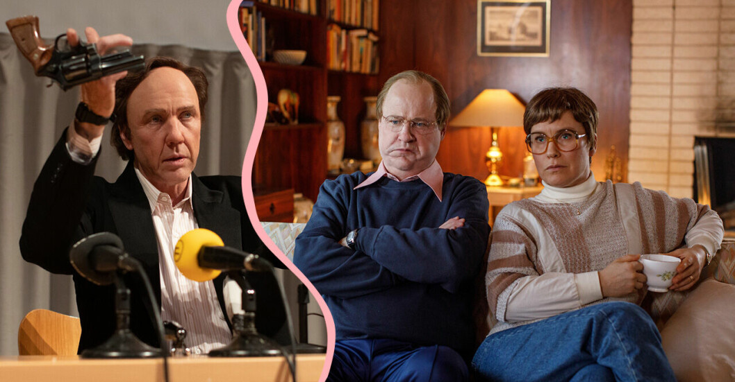 Mikael Persbrandt, Robert Gustafsson och Eva Melander i Den osannolika mördaren. Foto: Johan Paulin/Netflix Den Osannolika Mördaren om palme-mordet och Stig Engström med Robert Gustafsson och Mikael Persbrandt.