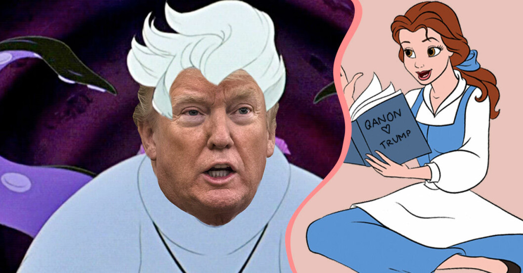 Donald Trump som Disneykaraktären Ursula och Belle i Skönehetn och Odjuret läser på om QANON.