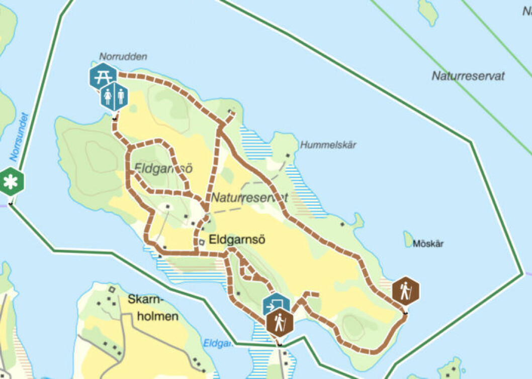 En fin rundvandring på ön. <a href="https://naturkartan.se/sv/stockholmslan/eldgarnso" target="_blank" rel="noopener">Se karta här.</a> Eldgarnsö, karta.