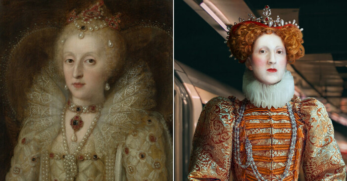 Målning av drottning Elizabeth I och en animerad bild av hur hon troligen skulle se ut 2021.