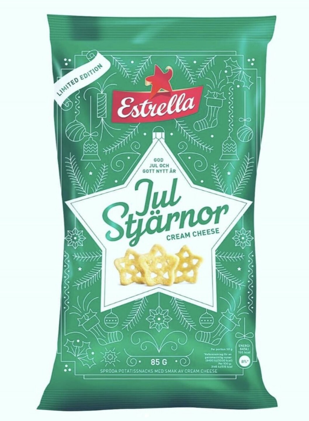 grön chipspåse med julstjärnor