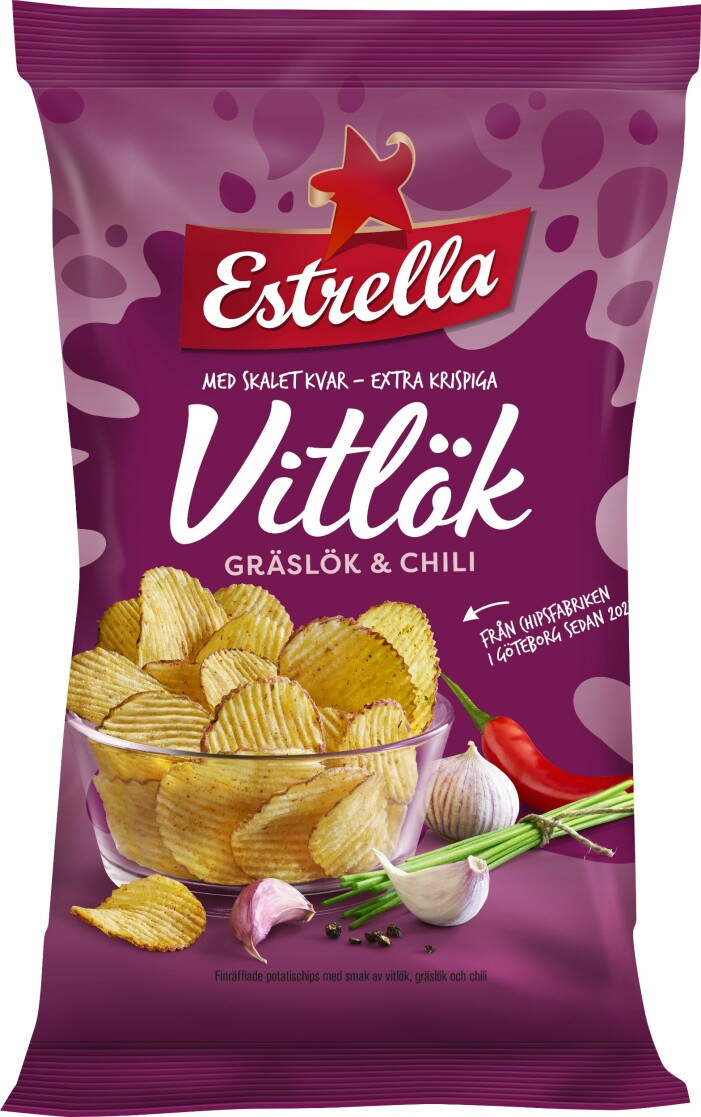 Finräfflade chips med smak av vitlök, gräslök & chili från estrella