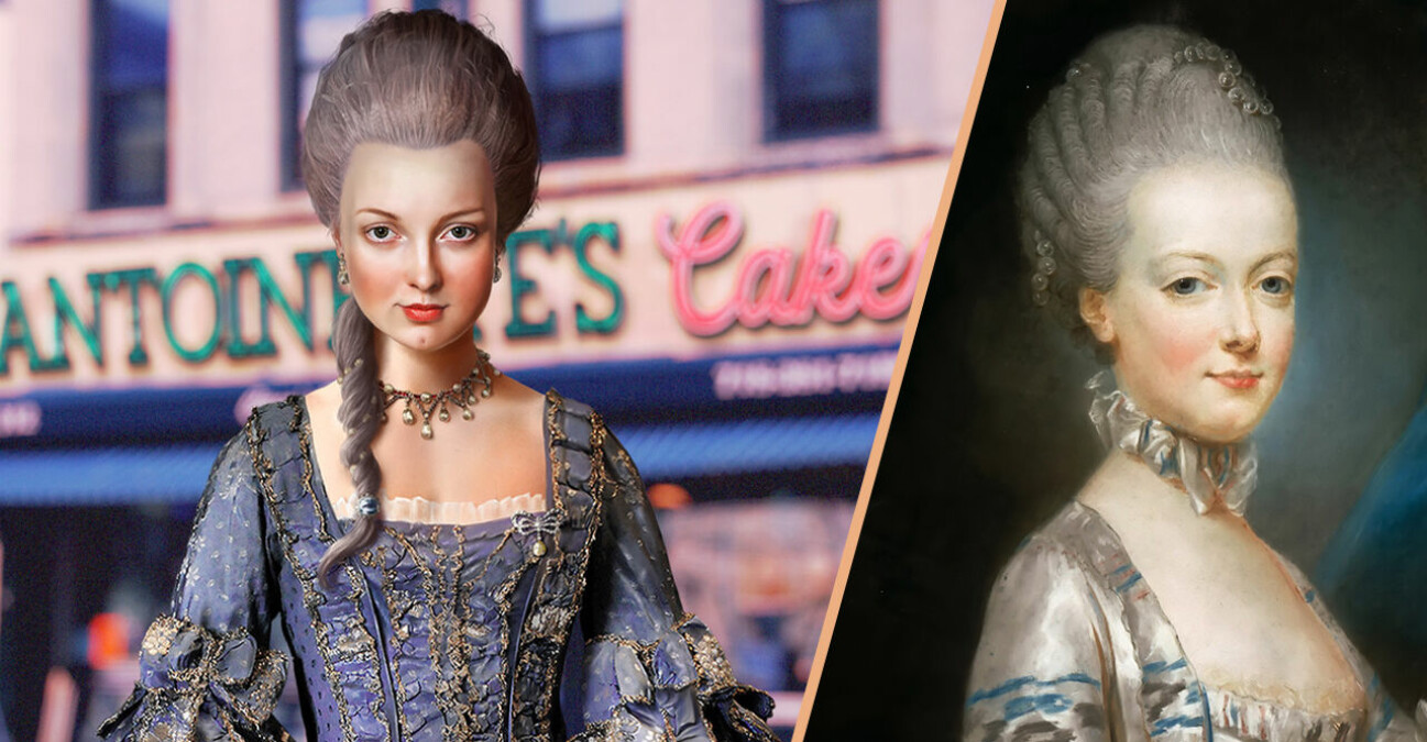 Bild på Marie Antoinette från 1700-talet och en ny bild av hur hon troligen skulle se ut idag 2021.
