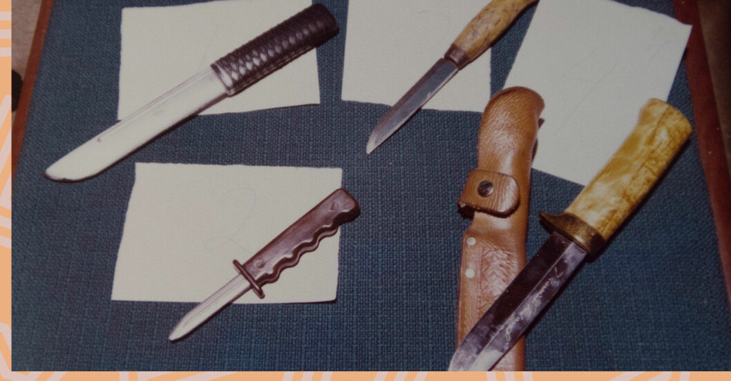 Fyra olika stora knivar som Södermannen, John Svahlstedt, ska ha använt vid sina våldtäkter.