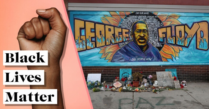 Black lives matter-symbol och en graffiti på George Floyd.