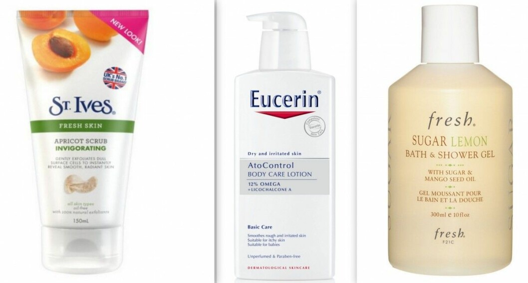 <em>Kroppsskrubb, ”Invigorating apricot scrub”, St.Ives, 55 kr<br>Hudlotion, ”Atocontrol body care lotion”, Eucerin, 199 kr<br>Duschkräm, ”Sugar lemon bath & shower gel”, Fresh, 200 kr</em> Gigi Hadid skönhetsfavoriter
