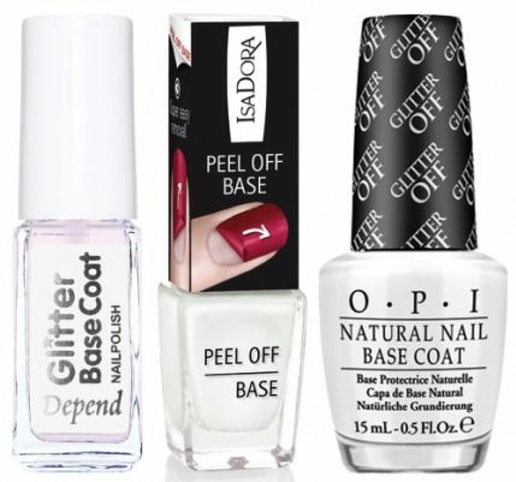 glitter-base-coat-peal-offBaslack för nagellack med glitter från Depend, IsaDora och OPI.