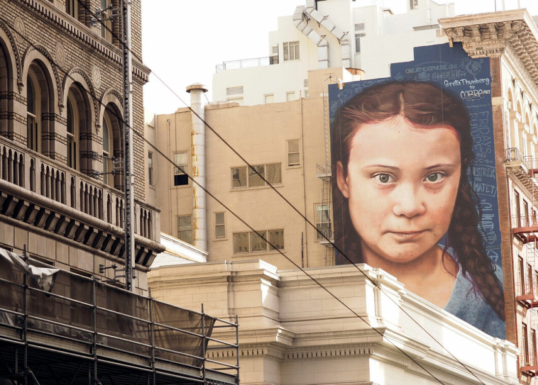 Greta Thunberg som muralmålning i San Fransisco.