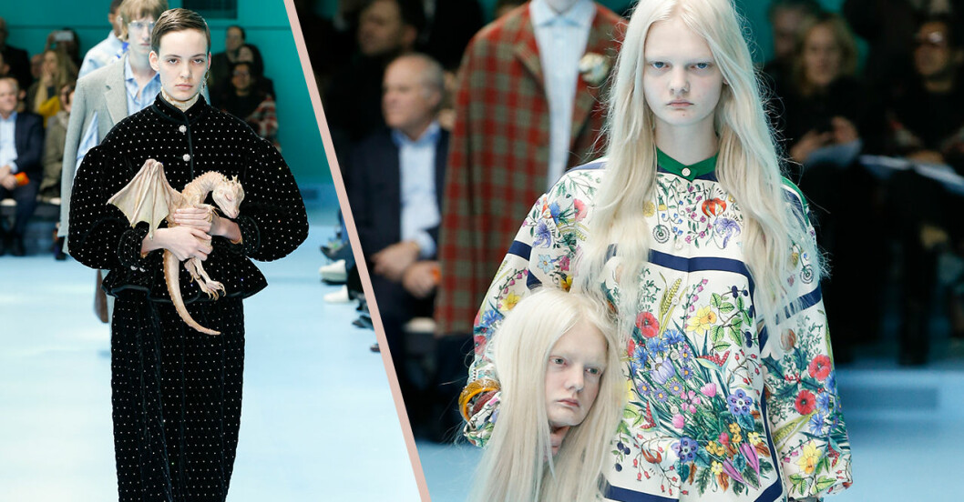 Modellerna bar sina egna huvud på Guccis modevisning