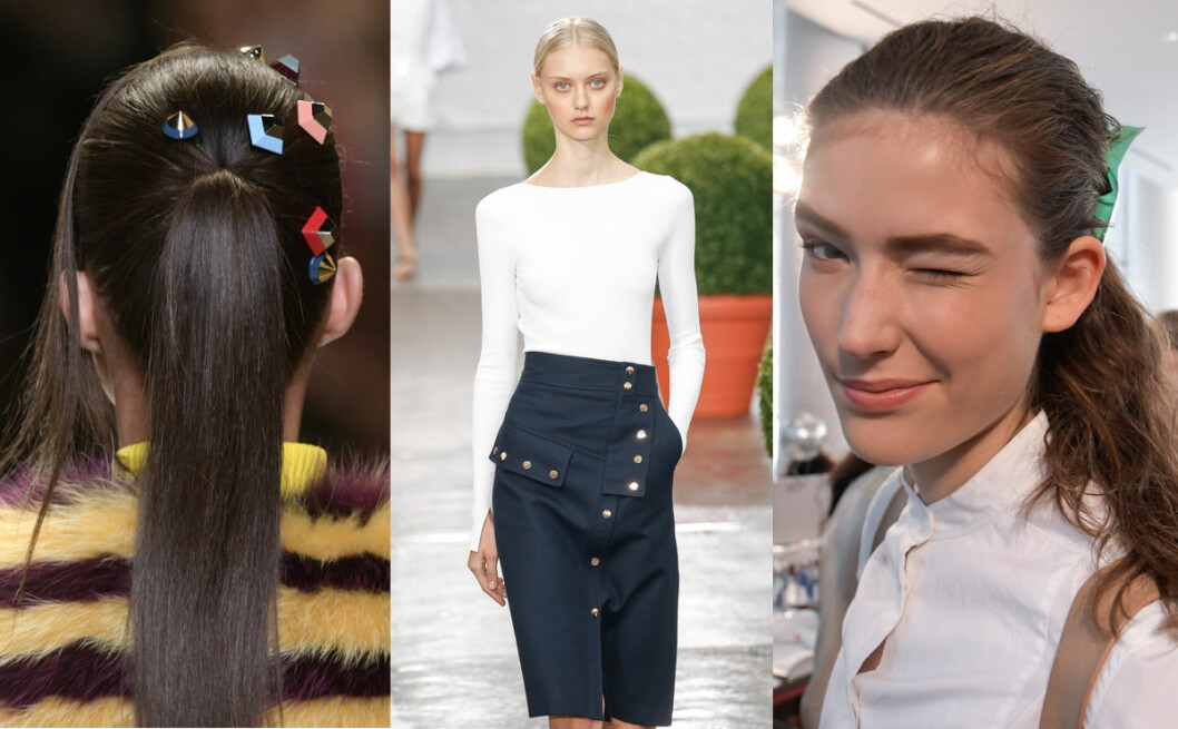 Hästsvans på olika sätt hos Fendi, Tibi och Monique Lhuillier. hårtrender våren 2017