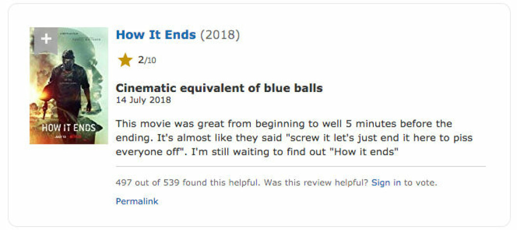”En film likvärdig blue balls” anser en av kritikerna. Foto: Skärmdump från IMDB How it ends är Netflix mest hatade film just nu.