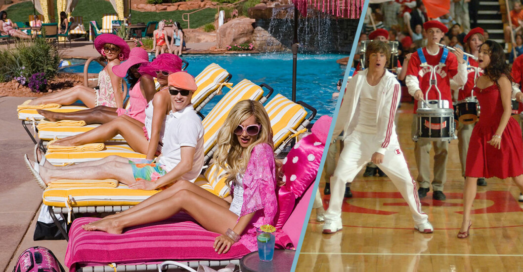 Till vänster, en printscreen från High School Musical 2 vid poolen. Till höger, en bild på Troy och Gabriella som dansar.