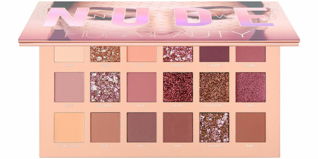 Ögonskuggspalett i rosa och lila toner med glitter