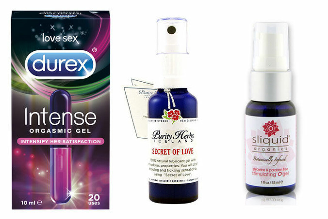 Intense orgasmic gel från Durex, Secret of Love från Purity Herbs och Stimulating OGel från Sliquid organics.