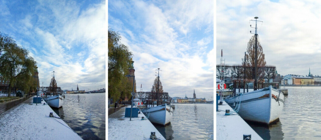Här är tre bilder tagna från samma punkt men med tre olika linser: 1) vidvinkel, 2) normal och 3) telelins. Jämförelse mellan de olika kamerorna på Samsung A9