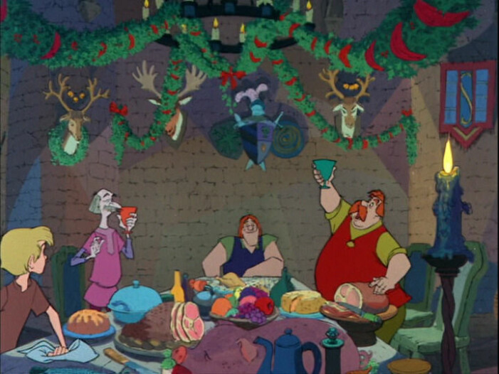 Karaktärerna äter kalkon vid sin julmiddag i filmen Disneys film Svärdet i stenen.
