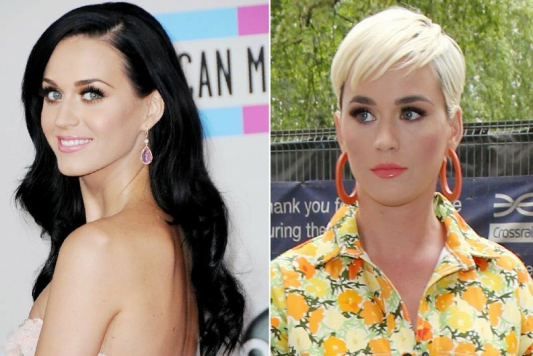 Katy Perry i långt mörkt hår och i kort och blont