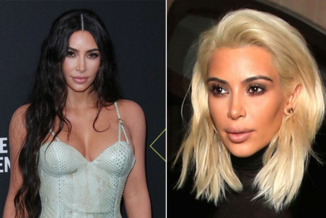 Kim Kardashian i mörkt hår och i blont kort hår
