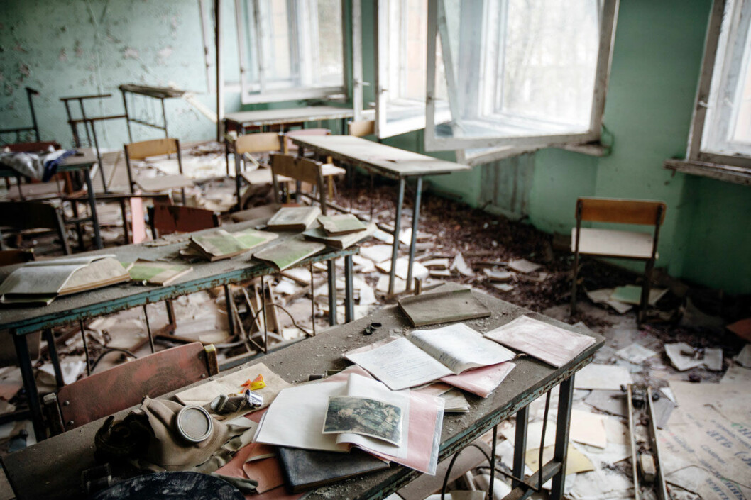 Spöklikt klassrum med rester från det som varit. Foto: Linus Sundahl-Djerf/SvD/TT Klassrum i Tjernobyl