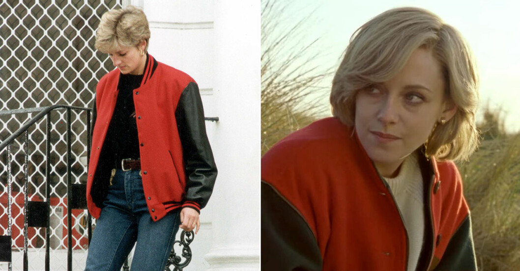 Diana 1982 när hon lämnar prins Harry vid skolan och Stewart som Diana i filmen Spencer