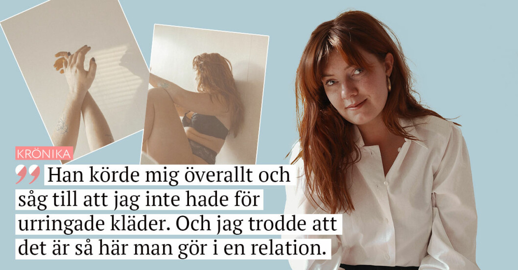 Amanda Ekström i vit skjorta jämte en bild på henne i underkläder med valkar från Instagramkontot Tuggmotstånd.