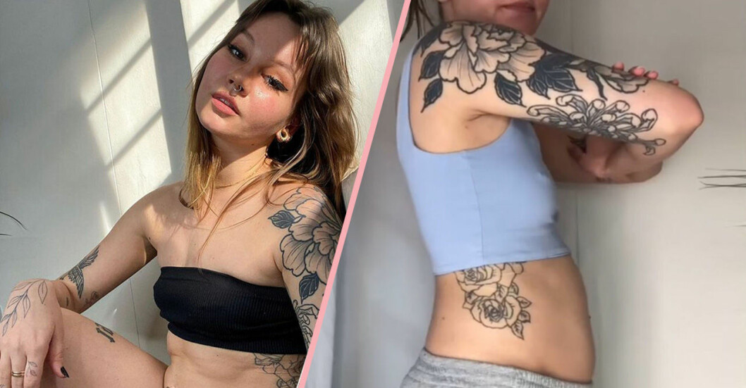 Sara har bikini och tittar in i kameran/ Sara visar upp sin mage.