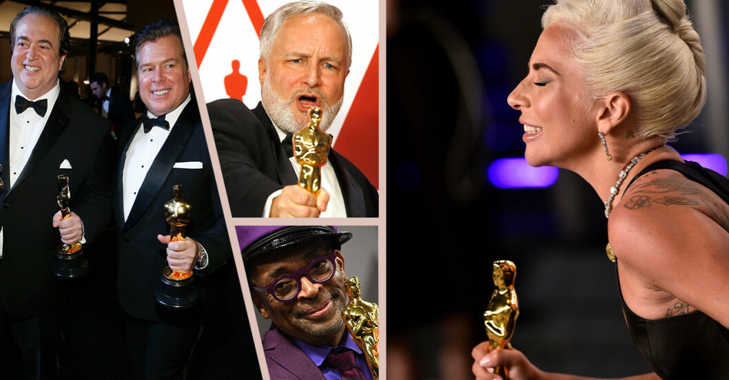 Fyra manliga vinnare och en kvinnlig vinnare under Oscarsgalan 2019.