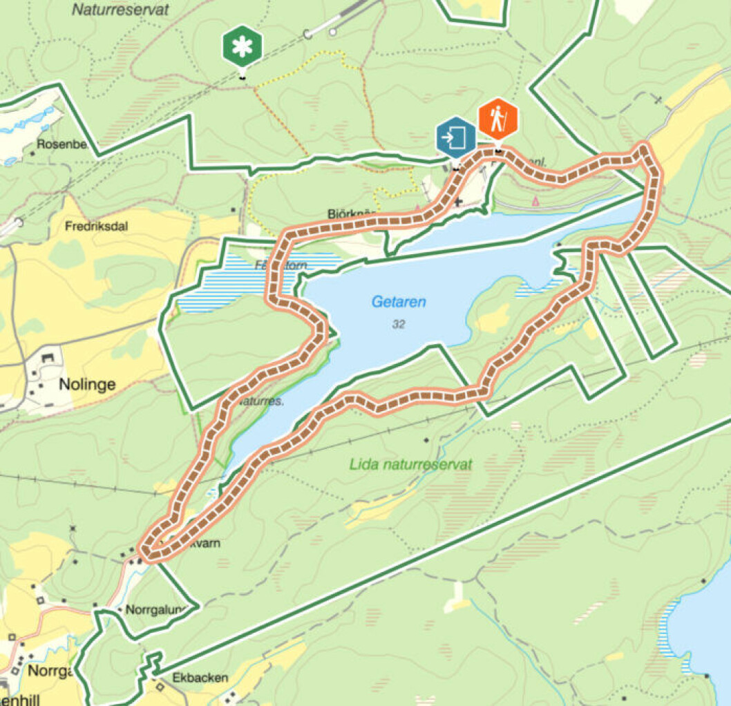 Rundan runt Getaren i Lida naturreservat. <a href="https://naturkartan.se/sv/botkyrka/aventyrsleden" target="_blank" rel="noopener">Se större karta här!</a> Lida, Getaren.