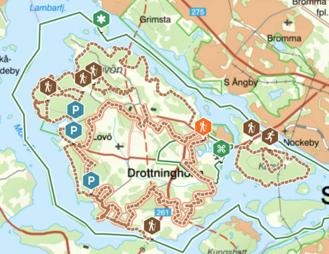 Den markerade rutten är Fornstigen. <a href="https://naturkartan.se/sv/stockholmslan/fornstigen">Se större karta här!</a> Lovön, Fornstigen.