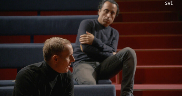 Özz Nujen och Måns Möller brainstormar manus med Soran Ismail i dokumentären Persona non grata.