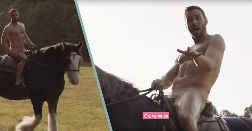 I ny reklamfilm för Meds rider Måns Zelmerlöw naken på en häst