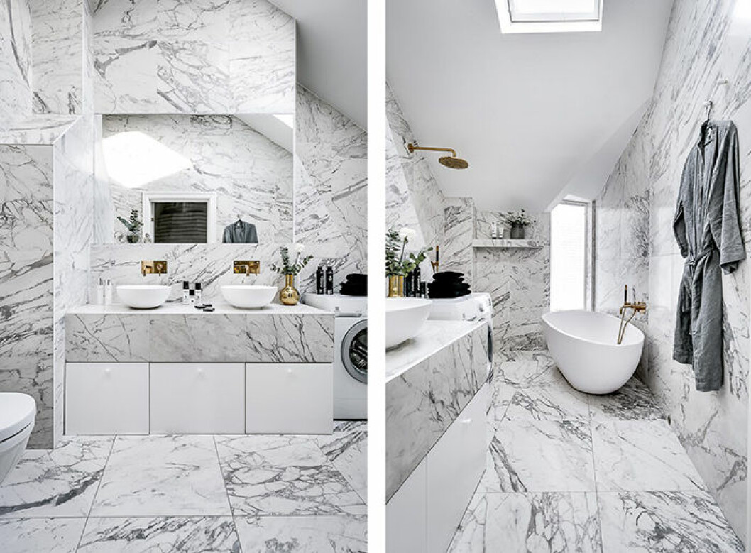 Vackert badrum i marmor hos Margaux Dietz