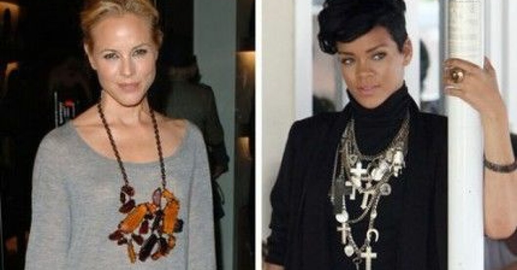 Maria Bello och Rihanna matchar sina statementhalsband med neutrala kläder. Maria Bello och Rihanna matchar sina statementhalsband med neutrala kläder.