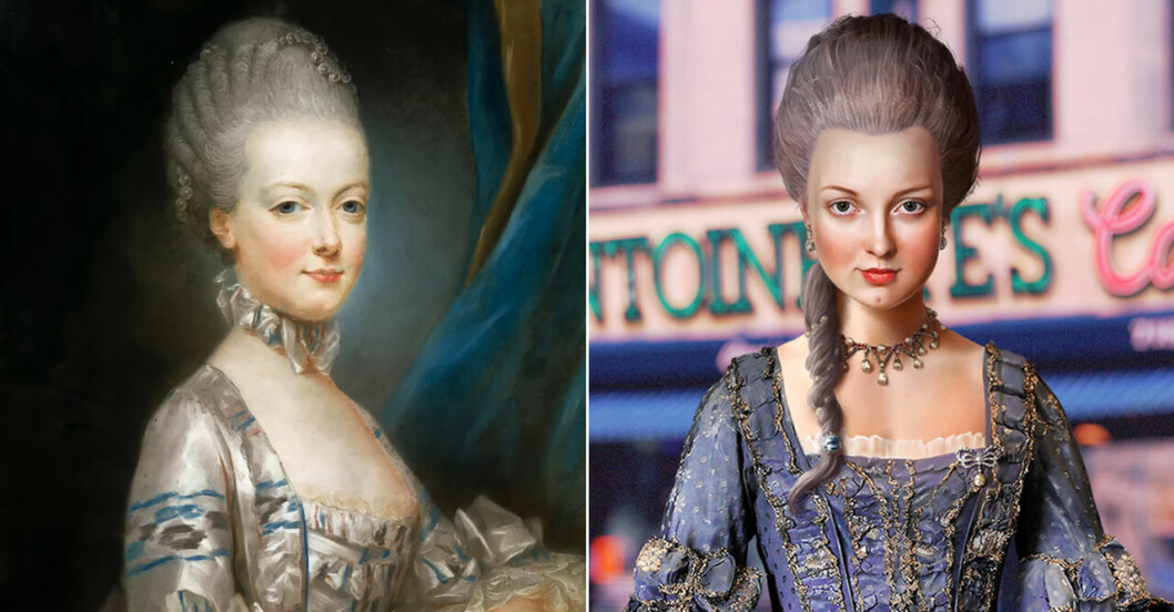 Målning av Marie Antoinette och en animerad bild av hur hon troligen skulle se ut idag.