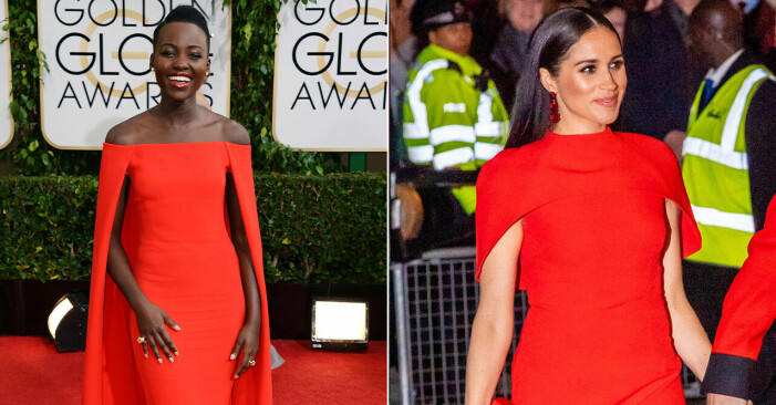 Lupita Nyong'o och Meghan Markle i likadana röda klänningar.