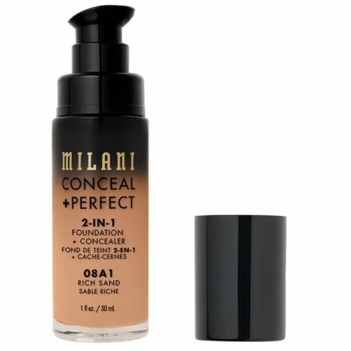 En foundation och concealer i ett för mycket täckningsgrad, från Milani.