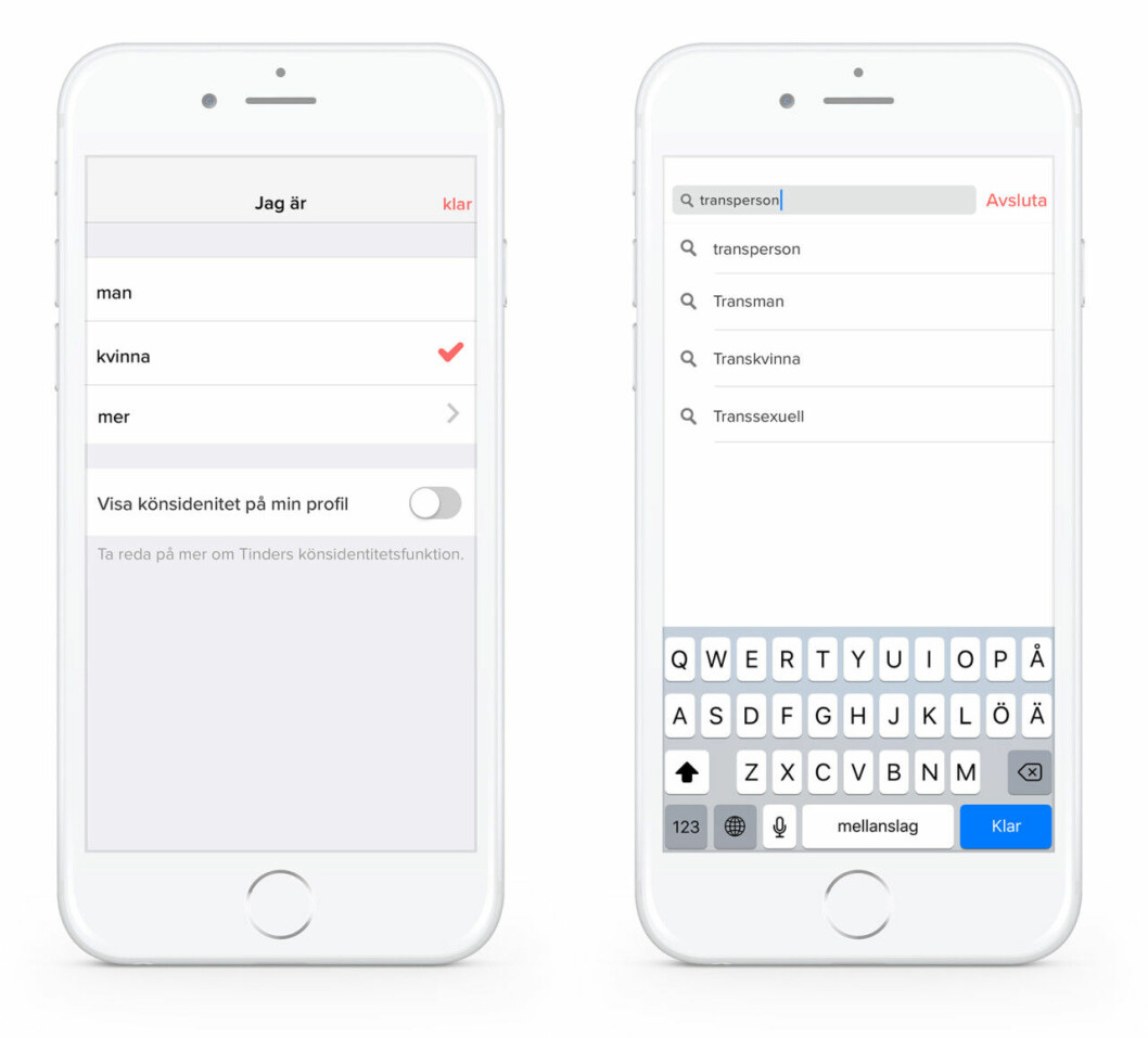 Med de nya funktionerna kan användare identifiera sig utanför det binära könssystemet. Nya funktioner Tinder juli 2020