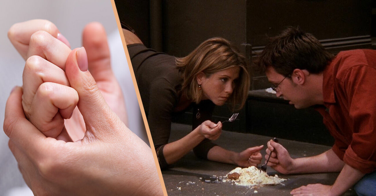 fingrar samt Chandler och Rachel som äter från golvet