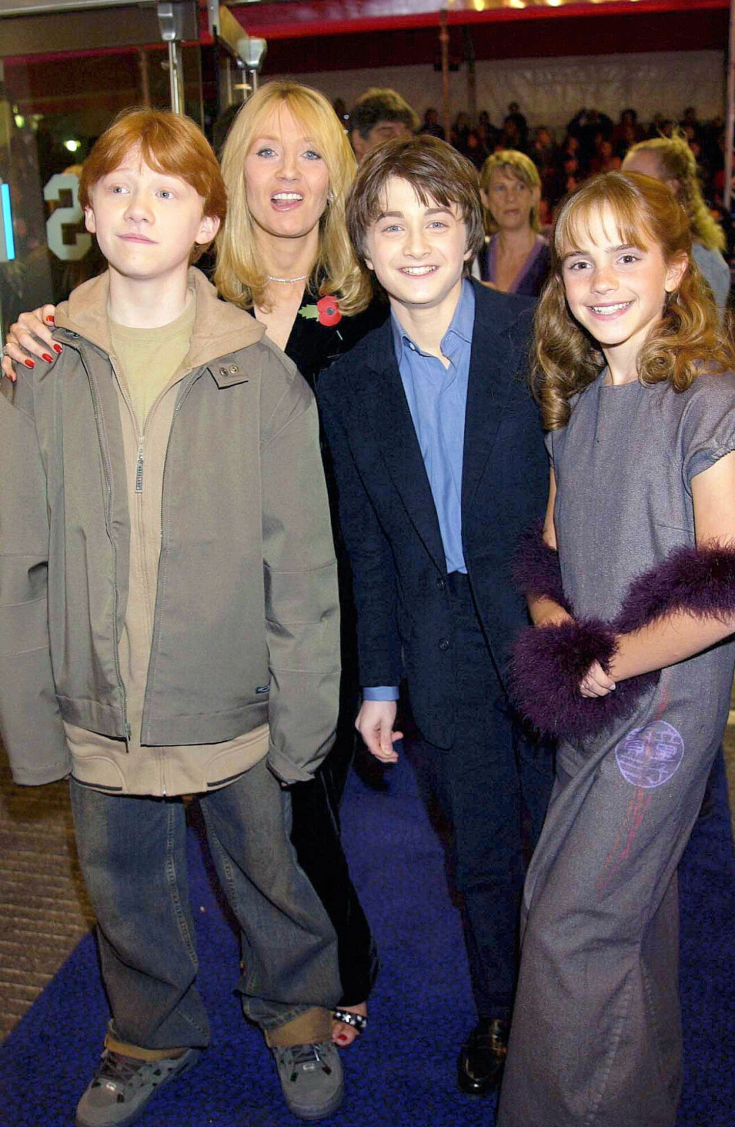 Rupert Grint, Daniel Radcliffe, J K Rowling och Emma Watson. "HARRY POTTER AND THE PHILOSOPHER'S STONE" Premiär år 2001