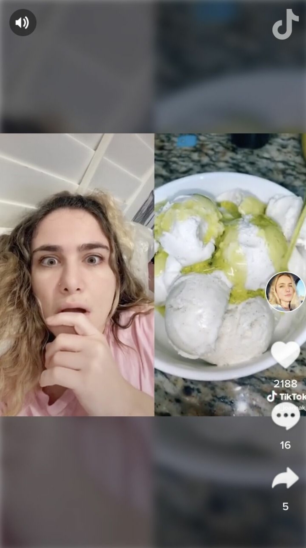 En tjej ser chockad ut och tittar på en video på glass med olivolja och salt
