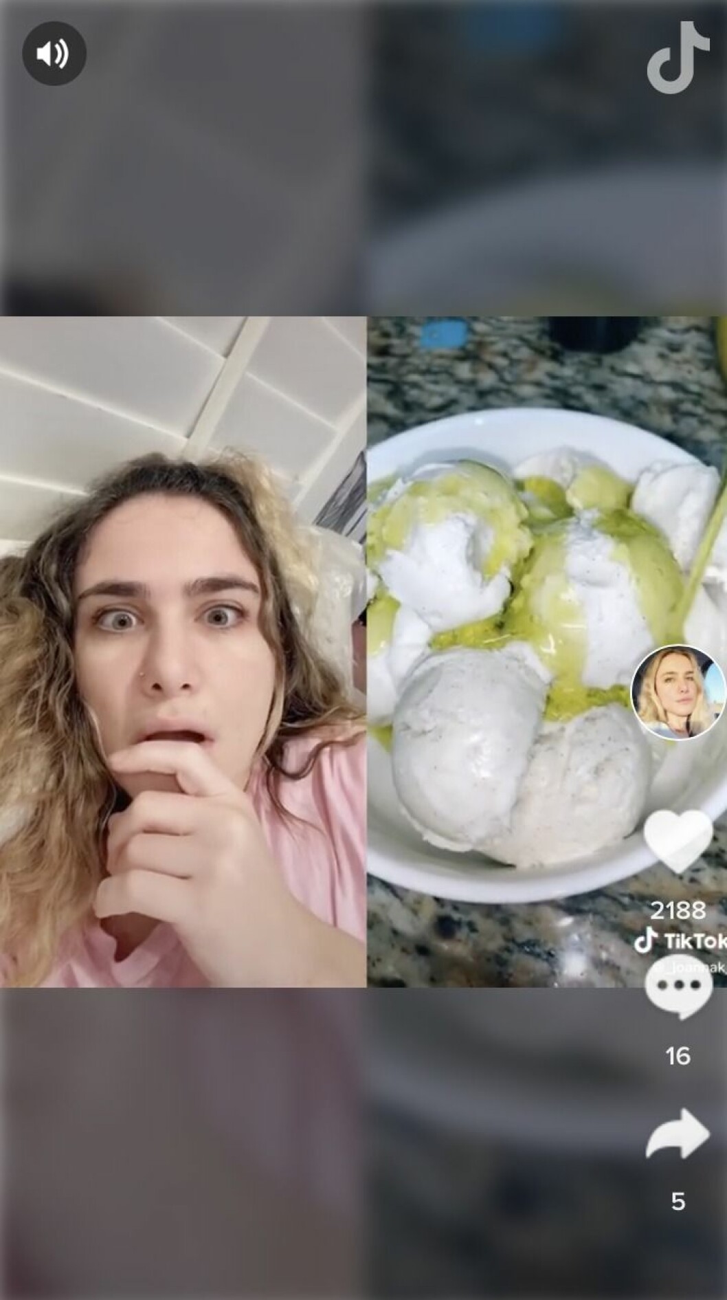 Reaktionen hos en användare som nyss fått reda på den något speciella smakkombinationen. En tjej ser chockad ut och tittar på en video på glass med olivolja och salt