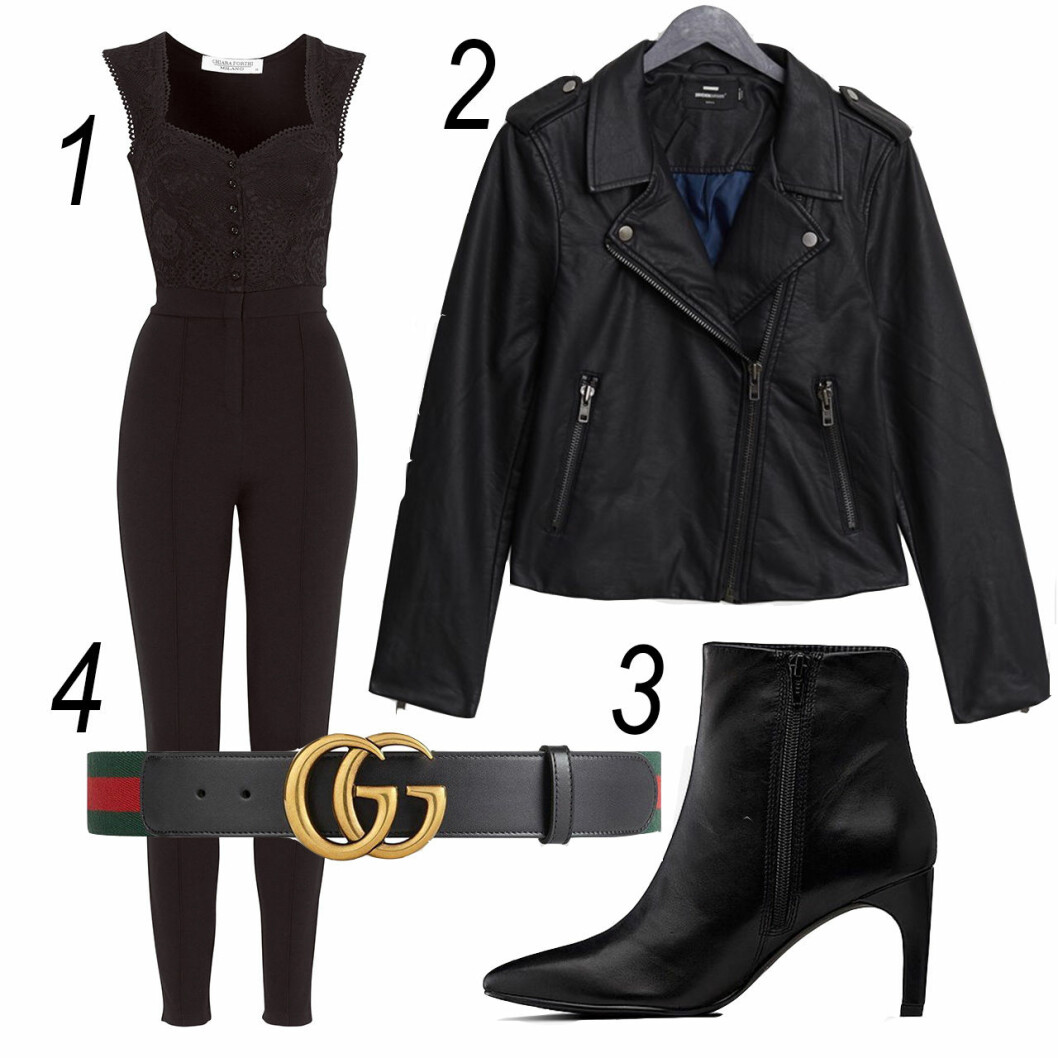 Outfit med skinnjacka, jumpsuit och gucciskärp