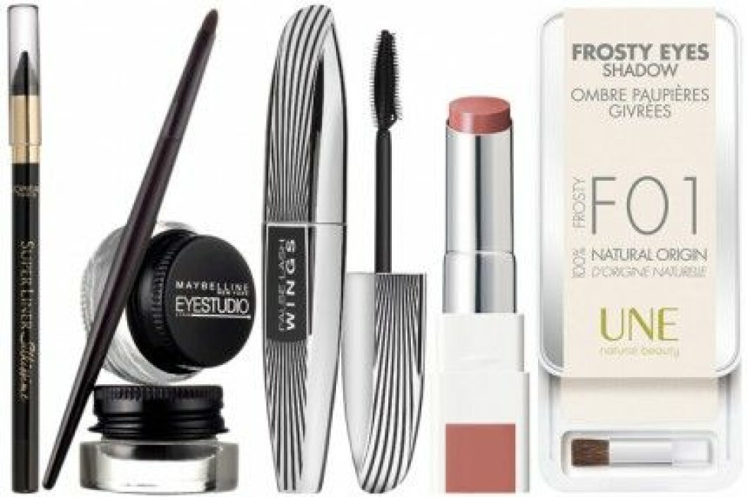Kajal & mascara, L’Oréal. Eyeliner, Maybelline. Läppbalsan & ögonskugga, Une. Kajal & mascara, L'Oréal. Eyeliner, Maybelline. Läppbalsan & ögonskugga, Une.