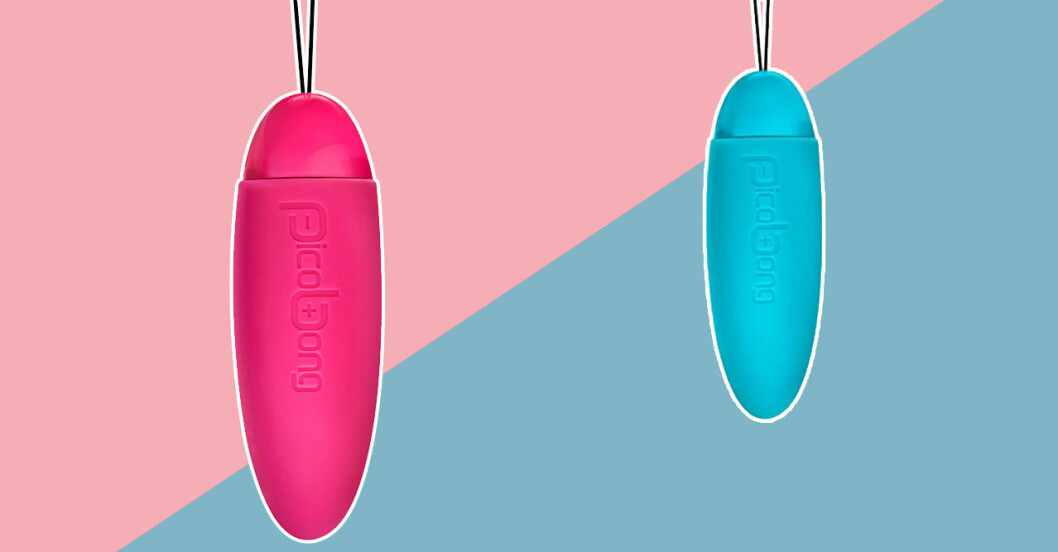 Picobong Honi i rosa och blått, en minivibrator med snöre likt en tampong.